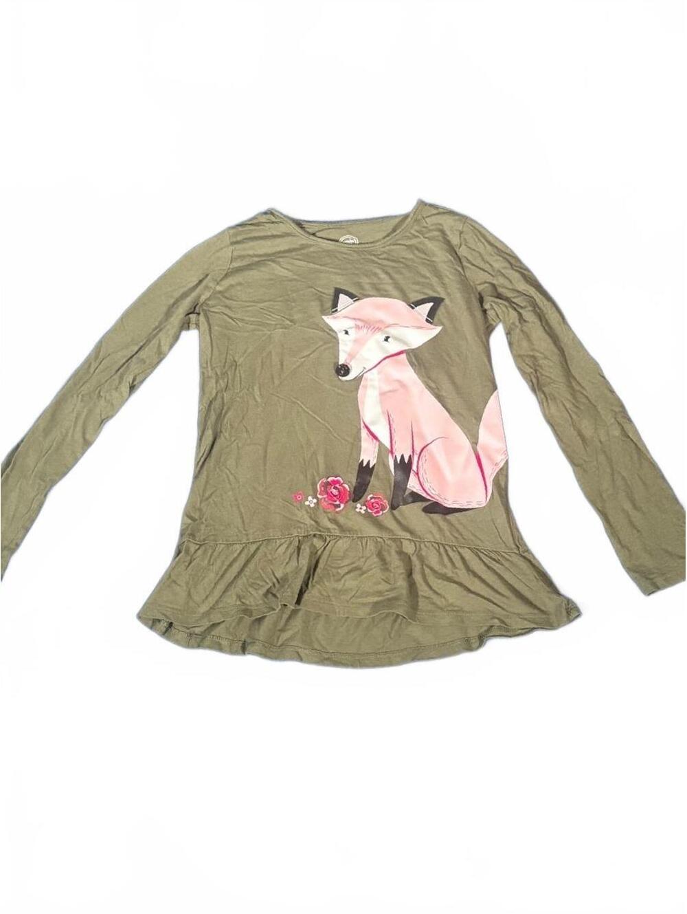 Wonder Nation Girls L (10-12) Olive Green Fox Graphic Peplum Top Long Sleeve